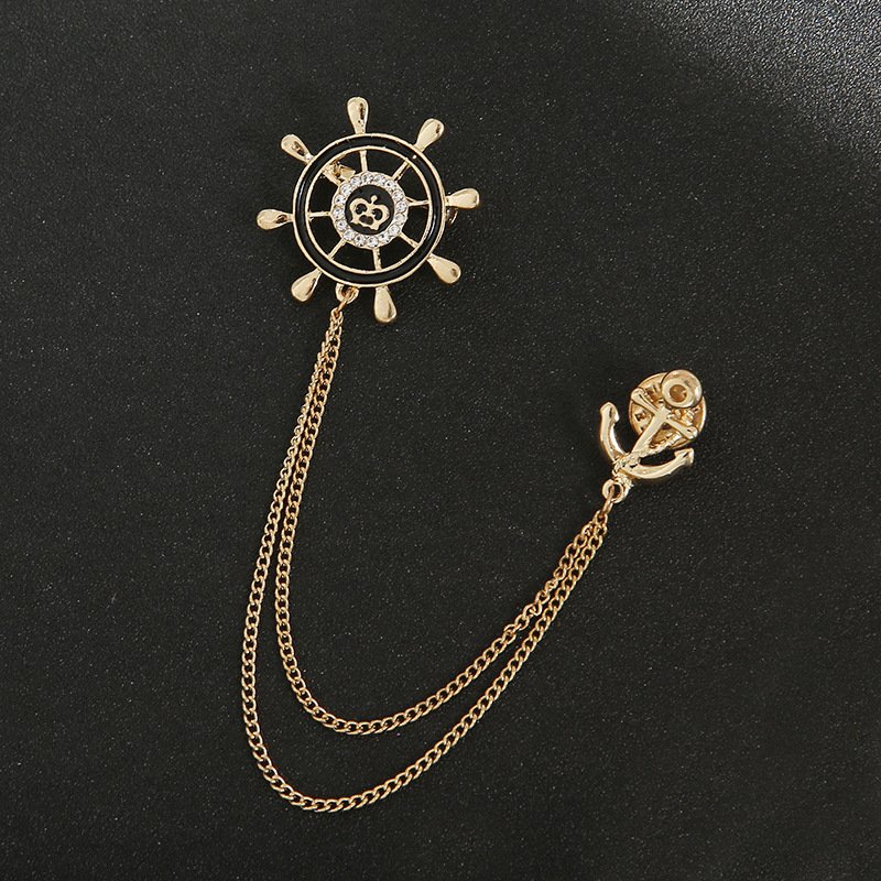 Navy Wind Boat Anchor with Diamond Chain Fashion Pin Men's Suit Accessories Personality Rudder Chain Brooch