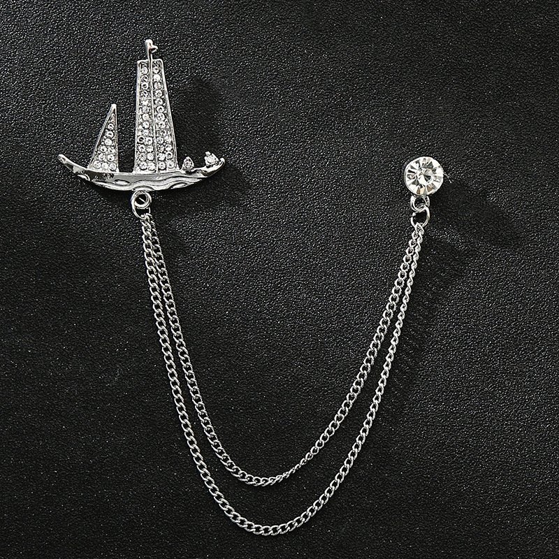 Navy Wind Boat Anchor with Diamond Chain Fashion Pin Men's Suit Accessories Personality Rudder Chain Brooch