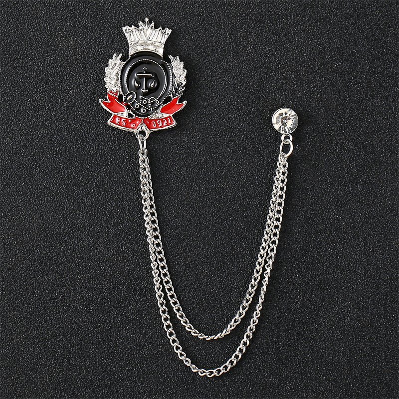 Navy Wind Boat Anchor with Diamond Chain Fashion Pin Men's Suit Accessories Personality Rudder Chain Brooch