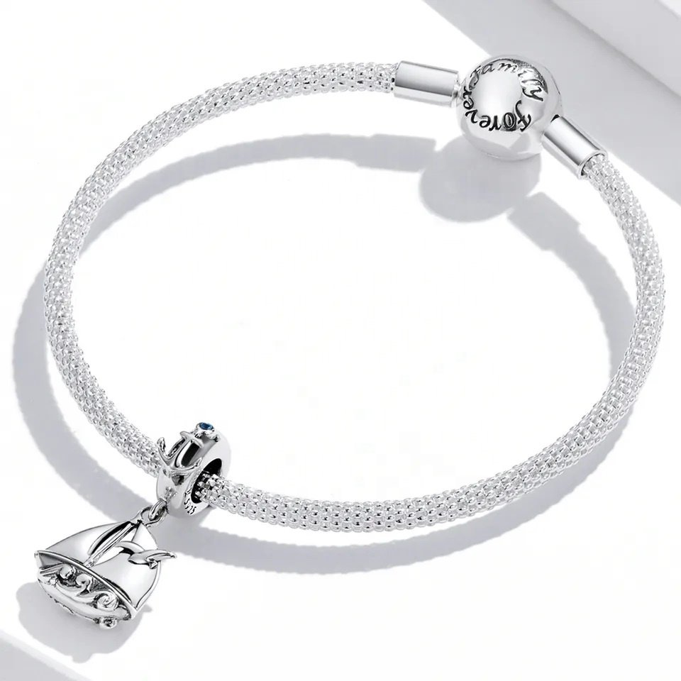 925 Sterling Silver Boat Anchor& Travel Round the World-Sailboat Pendant Charms Fit Bracelet DIY Silver Beads