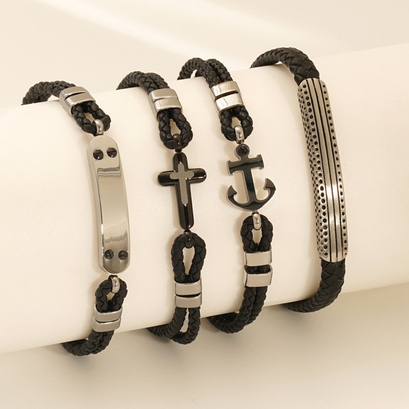 Men's Titanium Steel Vintage Woven Leather Rope Boat Anchor Bracelet Women's Personality Fashion Cross Bracelet Jewelry