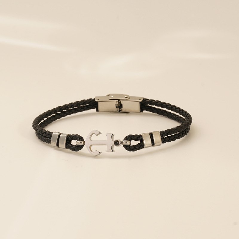 Men's Titanium Steel Vintage Woven Leather Rope Boat Anchor Bracelet Women's Personality Fashion Cross Bracelet Jewelry