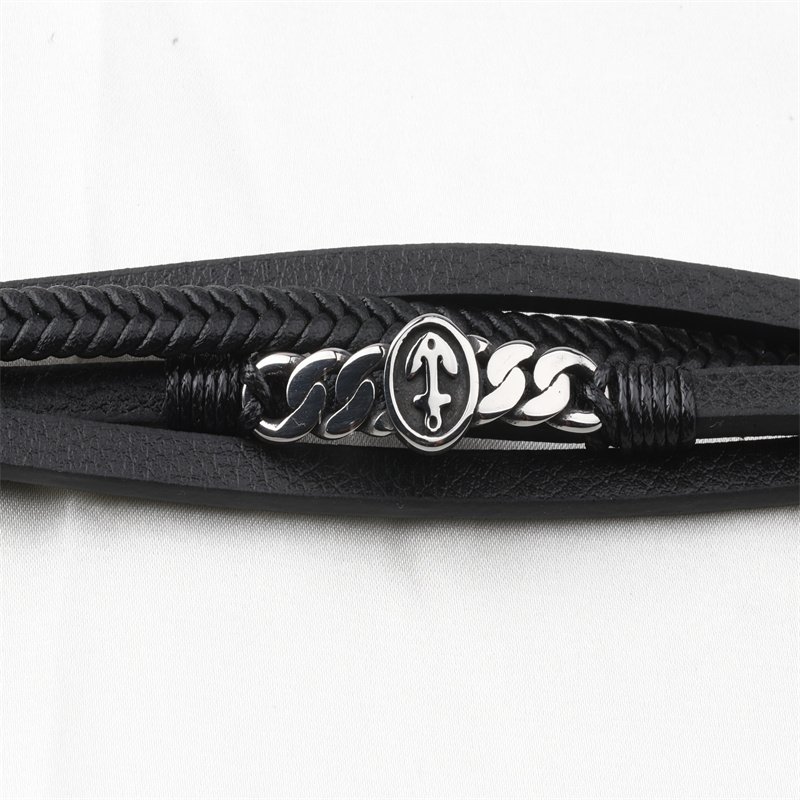 Fashion Black Cow Leather Woven Man Hand Bracelets With Cuban Chain Boat Anchor Metal Charm Instagram Versatile Bangle for Men