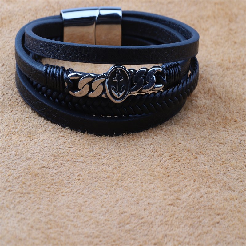 Fashion Black Cow Leather Woven Man Hand Bracelets With Cuban Chain Boat Anchor Metal Charm Instagram Versatile Bangle for Men