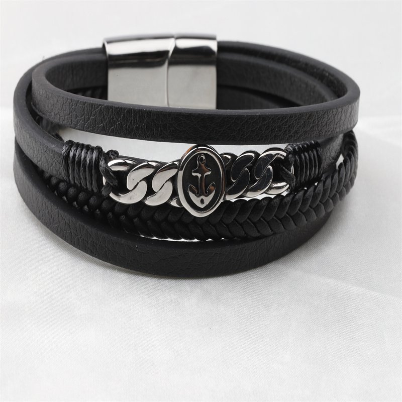 Fashion Black Cow Leather Woven Man Hand Bracelets With Cuban Chain Boat Anchor Metal Charm Instagram Versatile Bangle for Men
