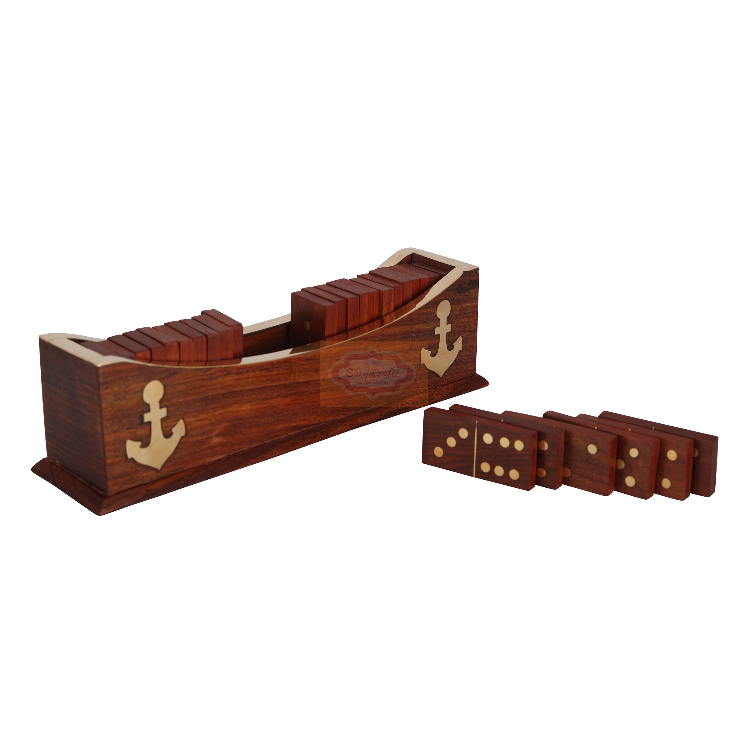 Shriji Crafts Handcrafted Wooden Domino Set With Anchor Design Game Set, Open Boat Tray and Pieces Set Boat Tray Unique Game