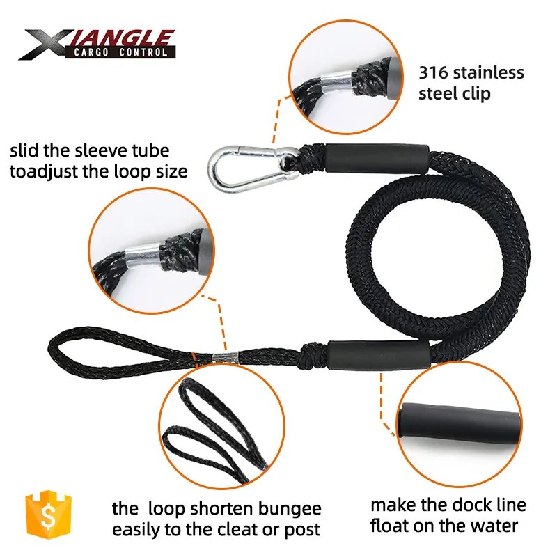New Listing Marine Mooring Rope 2 Pack PWC Anchor Boat Bungee Dock Lines for Boats with Stainless Carabiner Hook