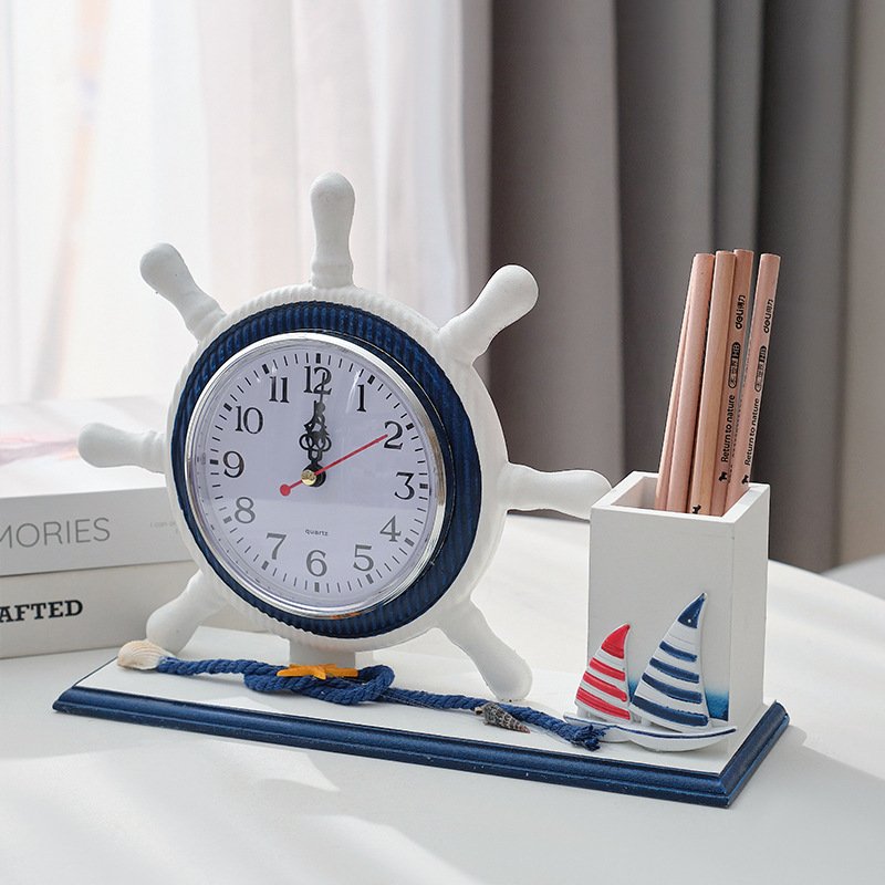 Mediterranean Style Helmsman Clock Retro Wooden Desktop Ornament for DIY Beach Sea Theme Nautical Ship Wheel Anchor Home Decor