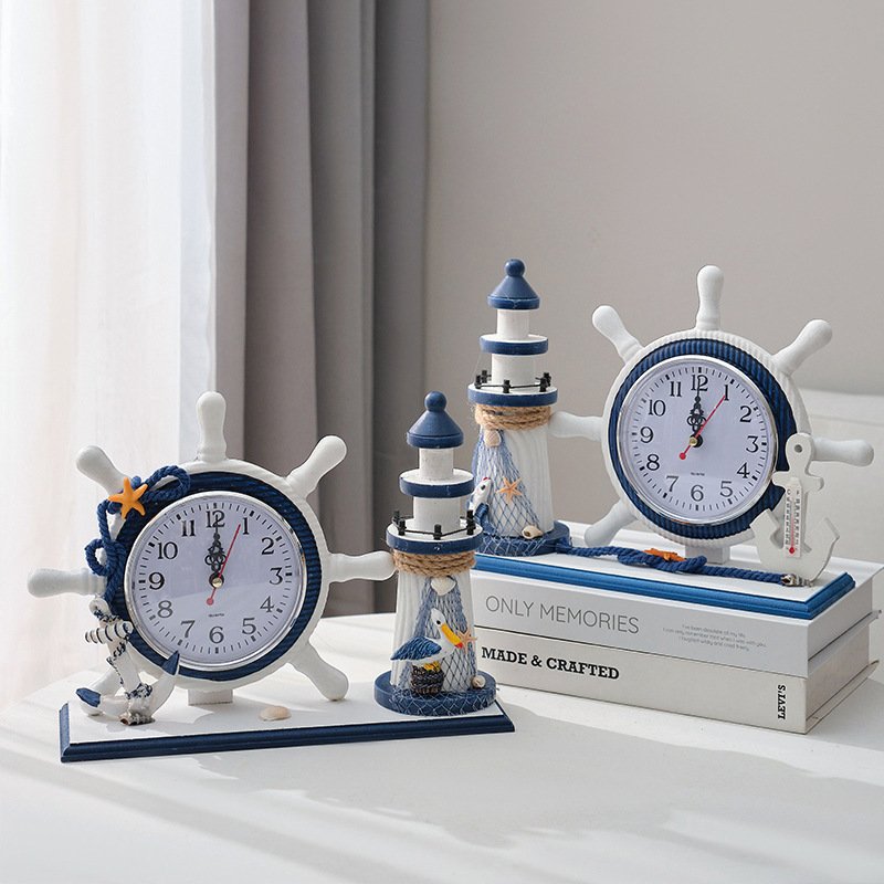 Mediterranean Style Helmsman Clock Retro Wooden Desktop Ornament for DIY Beach Sea Theme Nautical Ship Wheel Anchor Home Decor