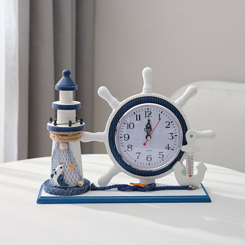 Mediterranean Style Helmsman Clock Retro Wooden Desktop Ornament for DIY Beach Sea Theme Nautical Ship Wheel Anchor Home Decor
