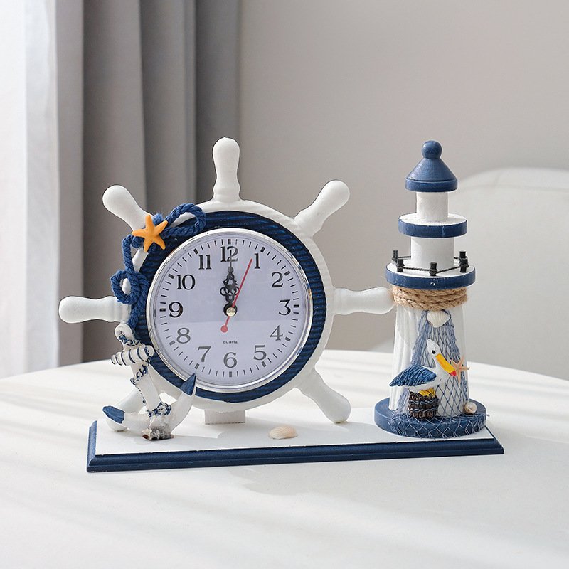 Mediterranean Style Helmsman Clock Retro Wooden Desktop Ornament for DIY Beach Sea Theme Nautical Ship Wheel Anchor Home Decor