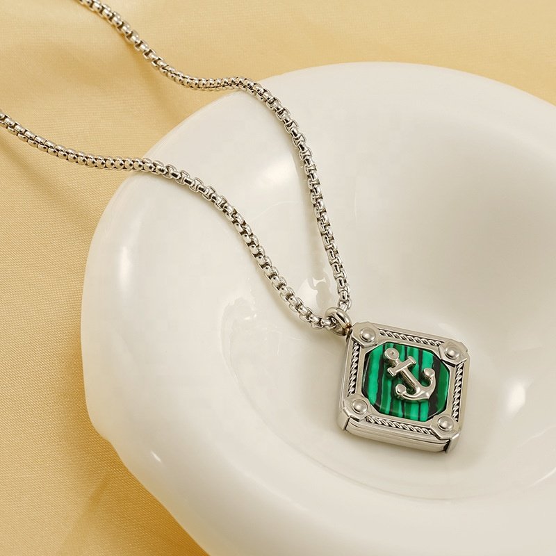 Vintage Black Onyx Square Pendant Necklace Titanium Steel Boat Anchor Necklace Silver Fine Chain Necklace for Women Men Jewelry