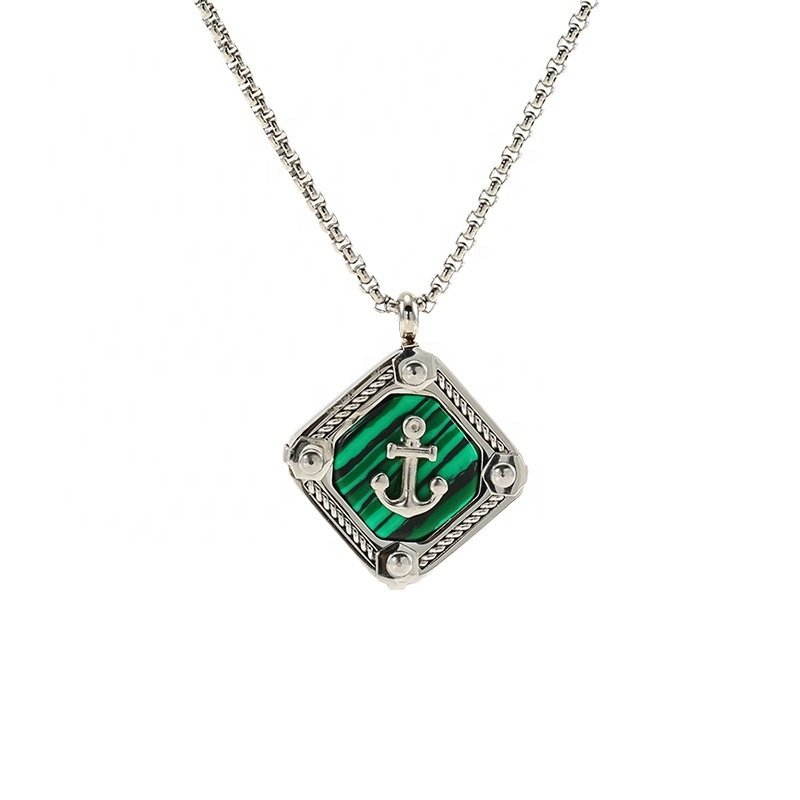 Vintage Black Onyx Square Pendant Necklace Titanium Steel Boat Anchor Necklace Silver Fine Chain Necklace for Women Men Jewelry