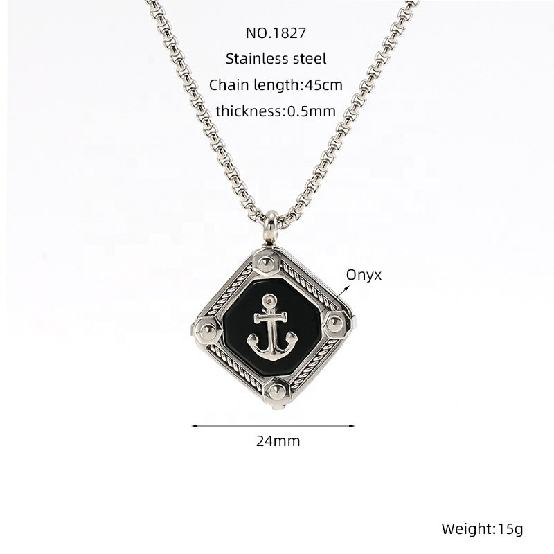 Vintage Black Onyx Square Pendant Necklace Titanium Steel Boat Anchor Necklace Silver Fine Chain Necklace for Women Men Jewelry