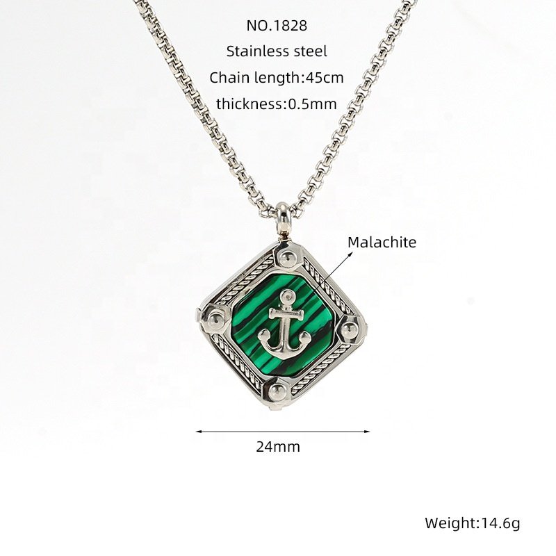 Vintage Black Onyx Square Pendant Necklace Titanium Steel Boat Anchor Necklace Silver Fine Chain Necklace for Women Men Jewelry