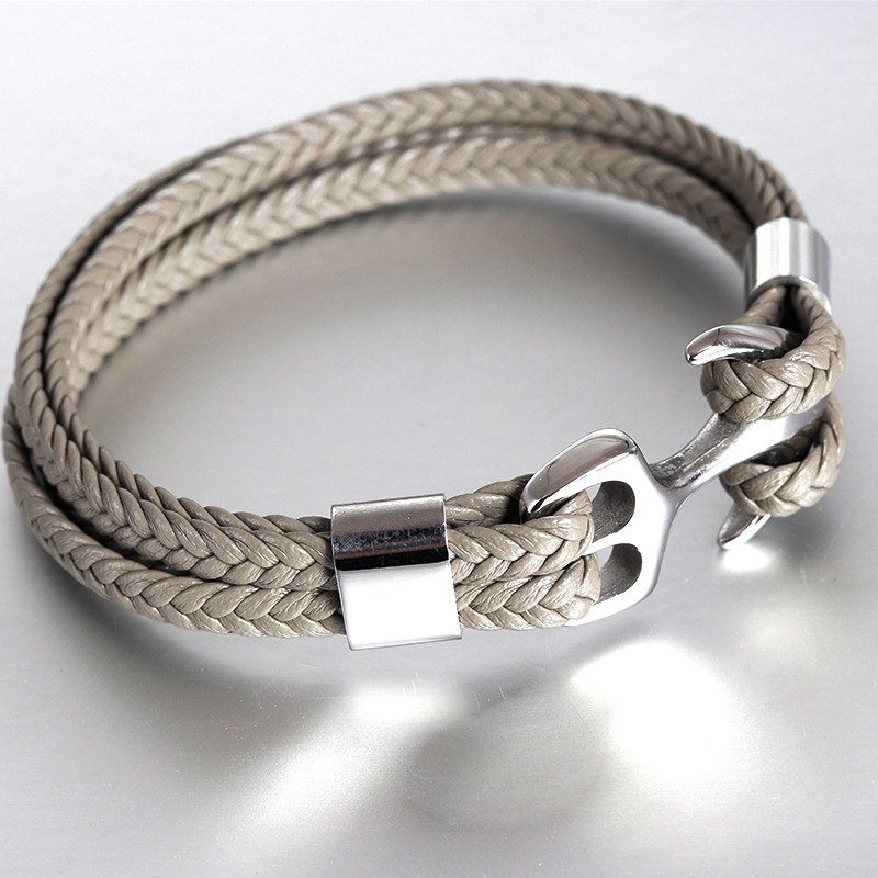 Hot Selling High Quality Stainless Steel Anchor Design Multi Layer Genuine Leather Men Bracelets with Custom Laser logo Anchor