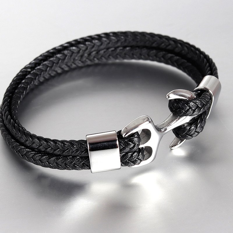 Hot Selling High Quality Stainless Steel Anchor Design Multi Layer Genuine Leather Men Bracelets with Custom Laser logo Anchor