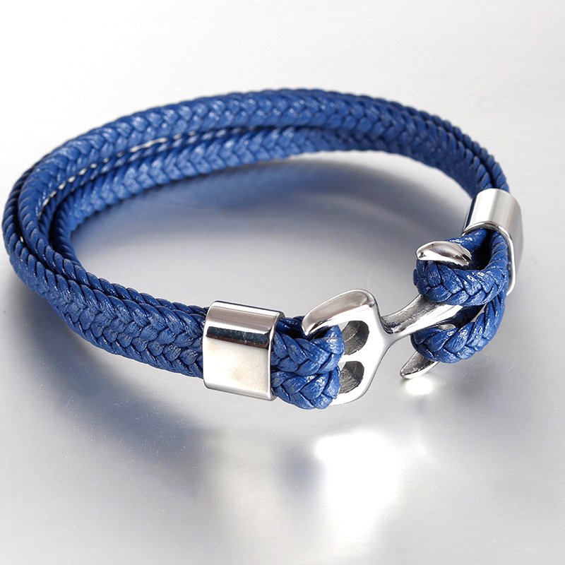 Hot Selling High Quality Stainless Steel Anchor Design Multi Layer Genuine Leather Men Bracelets with Custom Laser logo Anchor