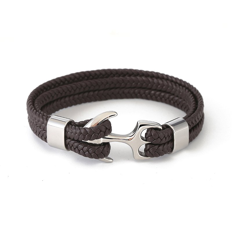 Hot Selling High Quality Stainless Steel Anchor Design Multi Layer Genuine Leather Men Bracelets with Custom Laser logo Anchor
