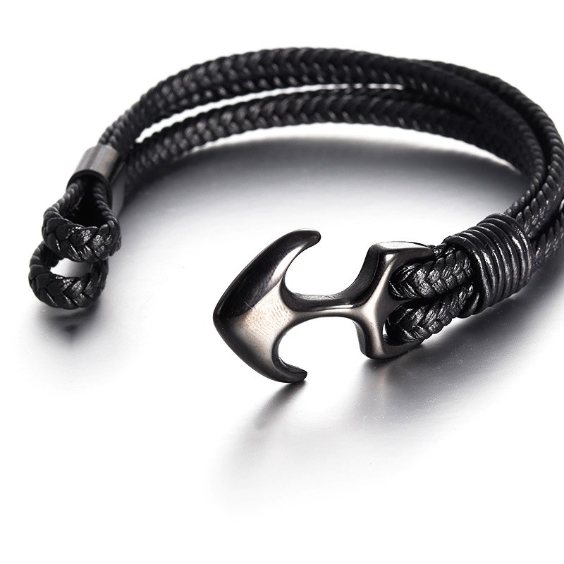 Hot Selling High Quality Stainless Steel Anchor Design Multi Layer Genuine Leather Men Bracelets with Custom Laser logo Anchor