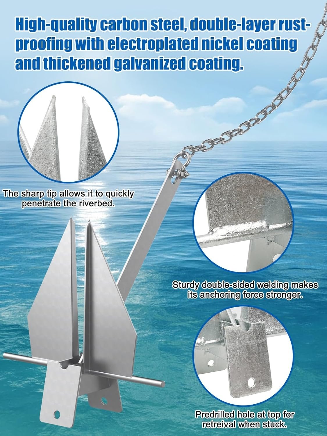 FULE Hot-Dipped Galvanized Steel Watercraft Boat Anchor with Float Chain Rope