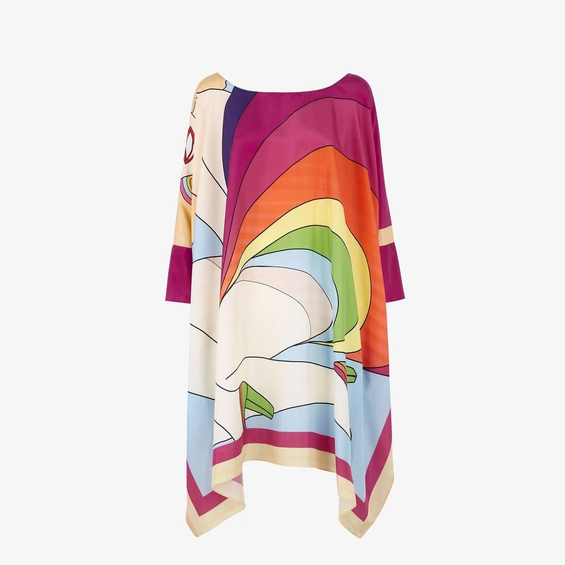 Pink Soft Silk Crepe Short Kaftan Tunic Dress Printed Kaftan Top Kaftan Holiday Casual Cover up Caftan Boat Neck Travel Women