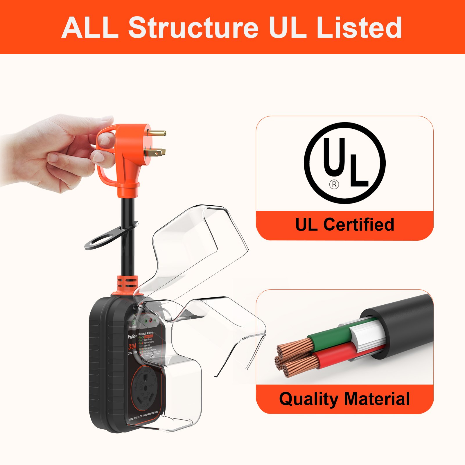 Orange Portable Surge Protection Device 110v RV Surge Protector 50 Amp 30 Amp with Waterproof Cover