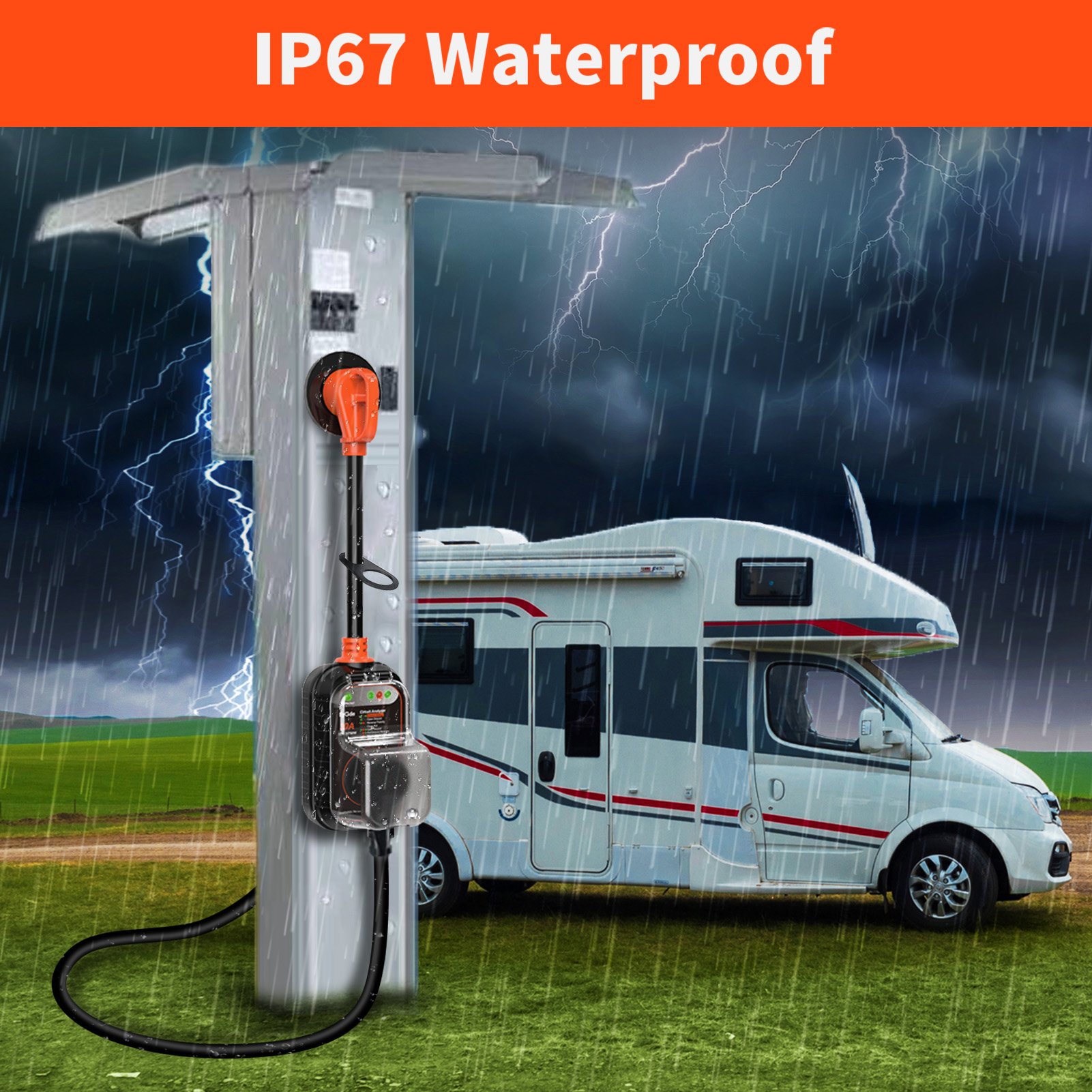 Orange Portable Surge Protection Device 110v RV Surge Protector 50 Amp 30 Amp with Waterproof Cover