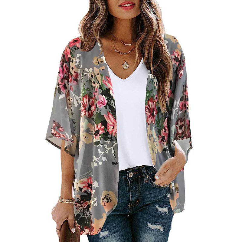 Women's Floral Print Puff Sleeve Kimono Cardigan Beach Cover up Loose Swimsuit Cover up Casual Blouse Tops Swimwear Beachwear