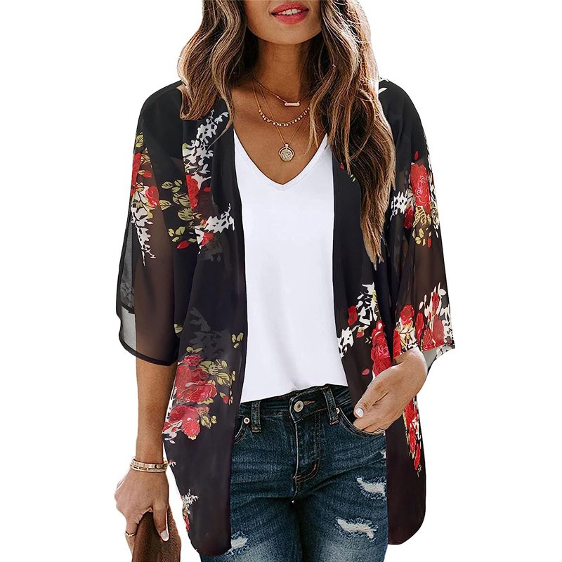Women's Floral Print Puff Sleeve Kimono Cardigan Beach Cover up Loose Swimsuit Cover up Casual Blouse Tops Swimwear Beachwear