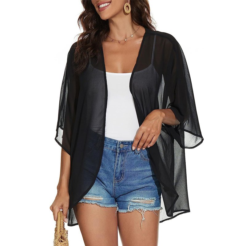 Women's Floral Print Puff Sleeve Kimono Cardigan Beach Cover up Loose Swimsuit Cover up Casual Blouse Tops Swimwear Beachwear