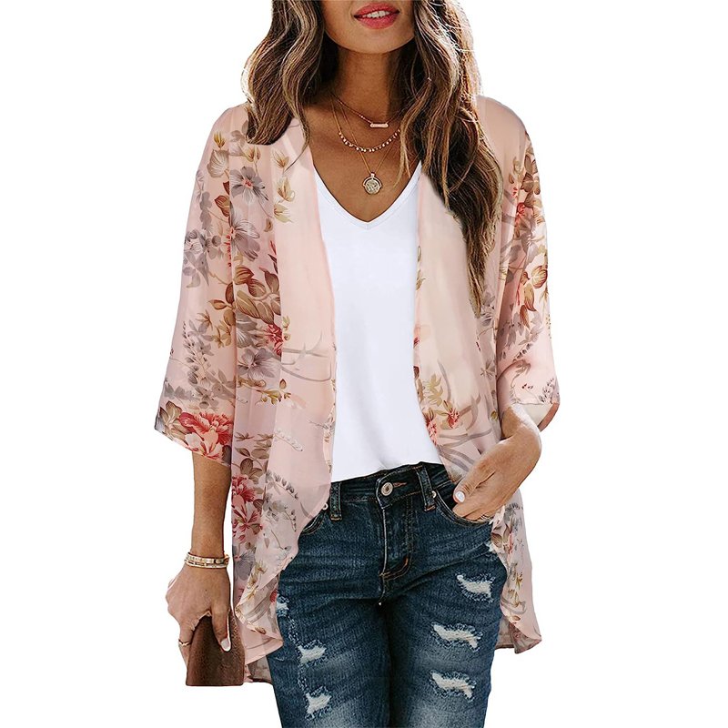 Women's Floral Print Puff Sleeve Kimono Cardigan Beach Cover up Loose Swimsuit Cover up Casual Blouse Tops Swimwear Beachwear