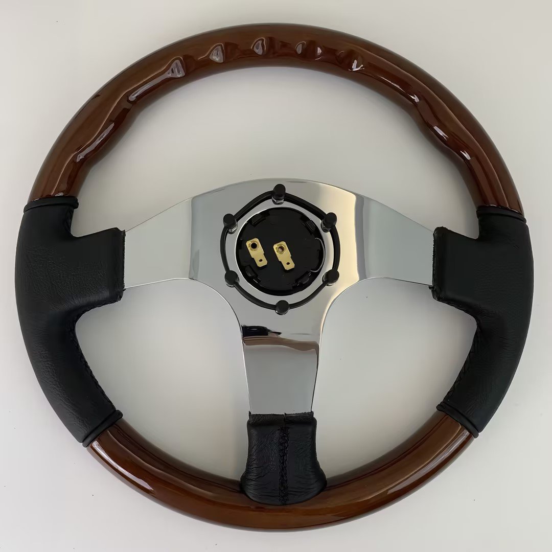 TIYPEOR 350mm Wood Steering Wheel Aluminum Spoke Boat and Car Steering Wheel Universal