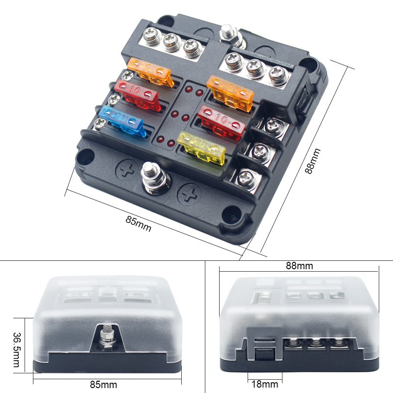 Waterproof LED Warning Indicator 6 Circuit Fuse Block Box 6Way DC 12V Fuse Holder with Negative Bus Cover Blade Fuses Terminals