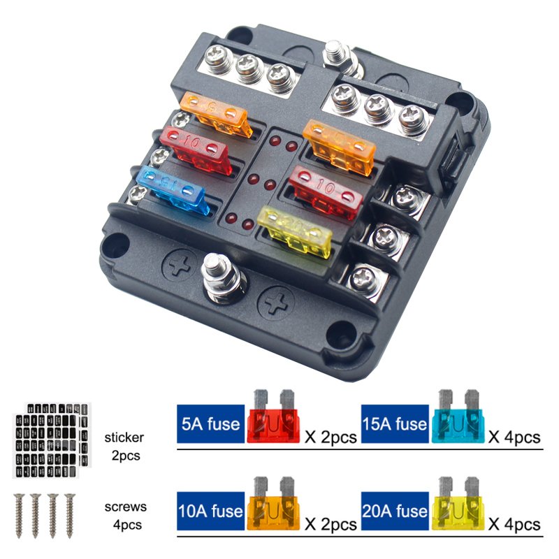 Waterproof LED Warning Indicator 6 Circuit Fuse Block Box 6Way DC 12V Fuse Holder with Negative Bus Cover Blade Fuses Terminals
