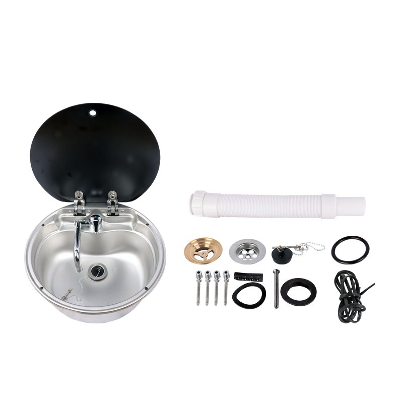 HWHongRV Round Camper Rvs Kitchen Kit Stainless Steel Sink Campervan Tempered Glass Lid Sink, with Foldable Rotating Faucet