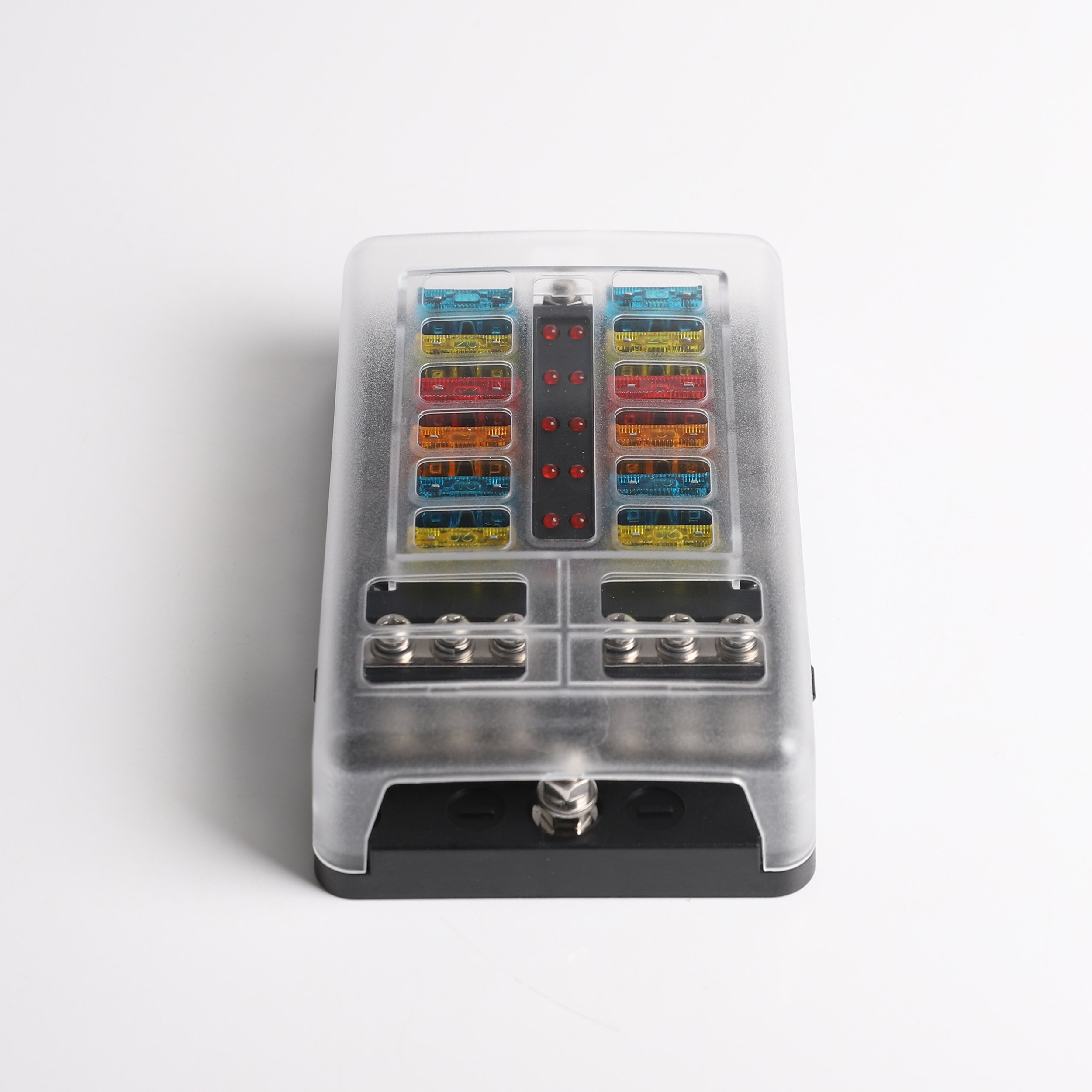 12-Way Blade Fuse Box with Negative Bus, Cover, Labels, and Fuses 5A-30A Automotive Fuse Holder for Car, Boat, RV, Marine