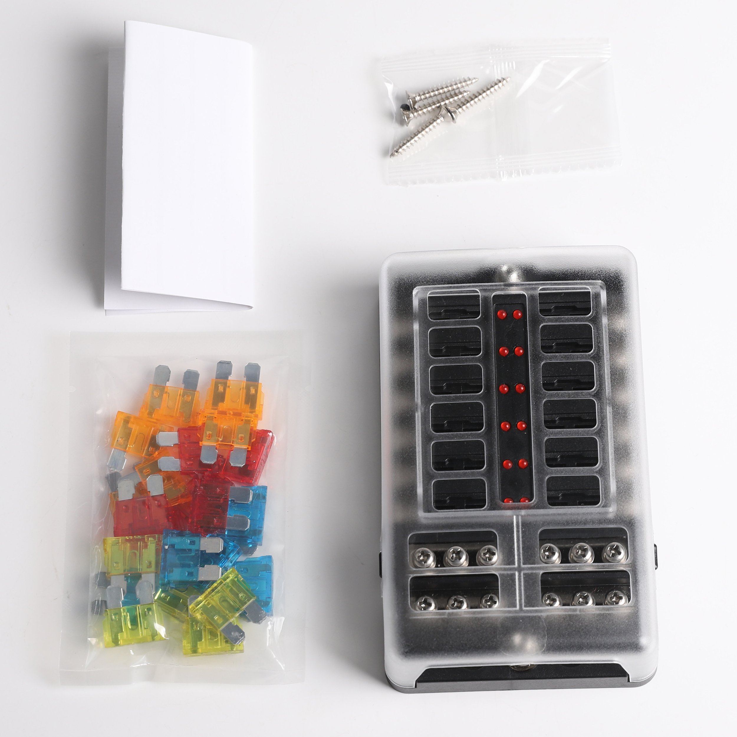 12-Way Blade Fuse Box with Negative Bus, Cover, Labels, and Fuses 5A-30A Automotive Fuse Holder for Car, Boat, RV, Marine