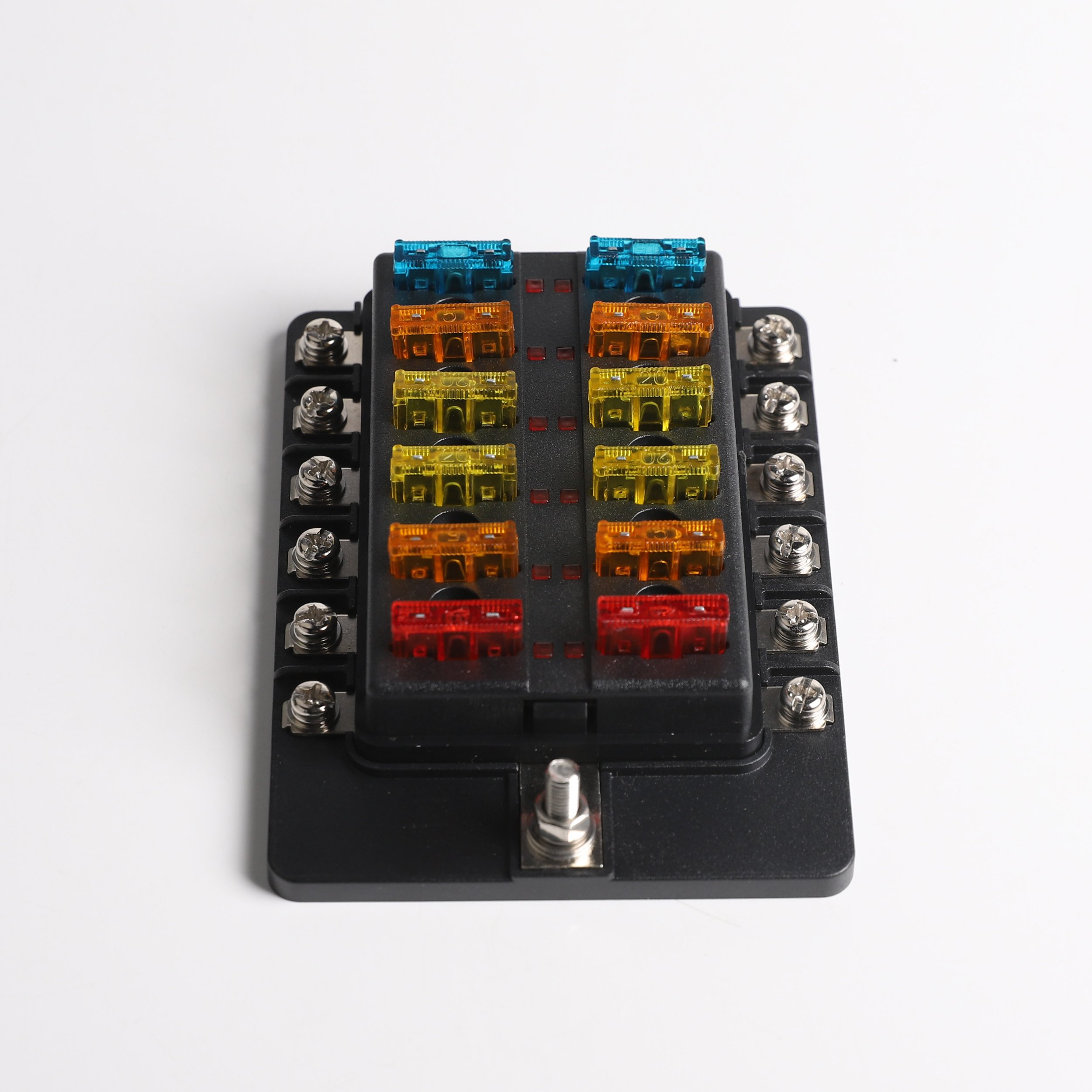 12-Way Blade Fuse Box with Negative Bus, Cover, Labels, and Fuses 5A-30A Automotive Fuse Holder for Car, Boat, RV, Marine