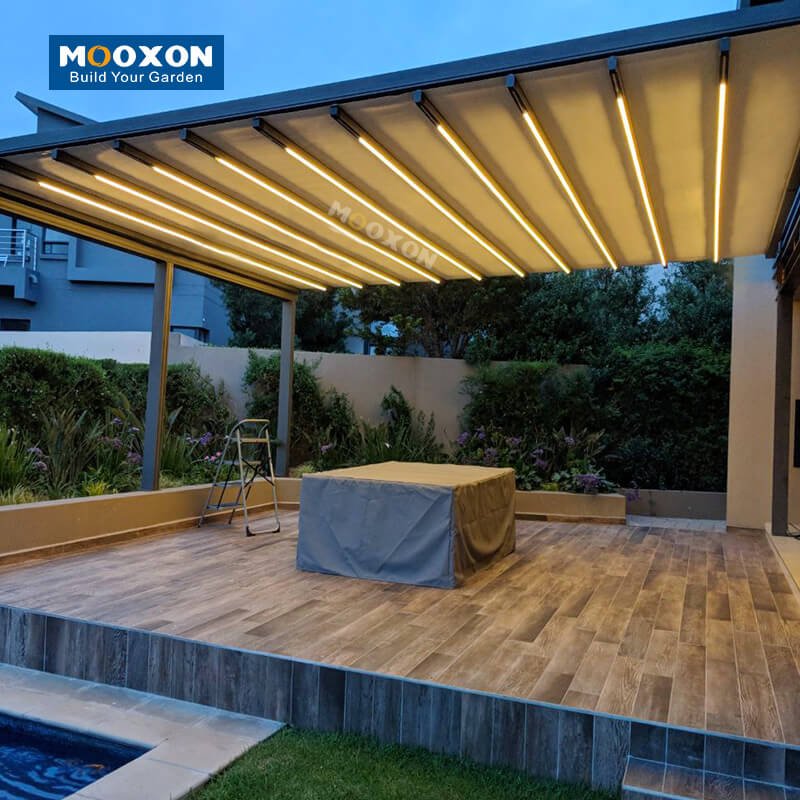 Mooxon Custom Motorized Retractable Awning and Pergola System with Waterproof PVC Roof