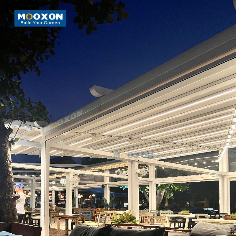 Mooxon Custom Motorized Retractable Awning and Pergola System with Waterproof PVC Roof
