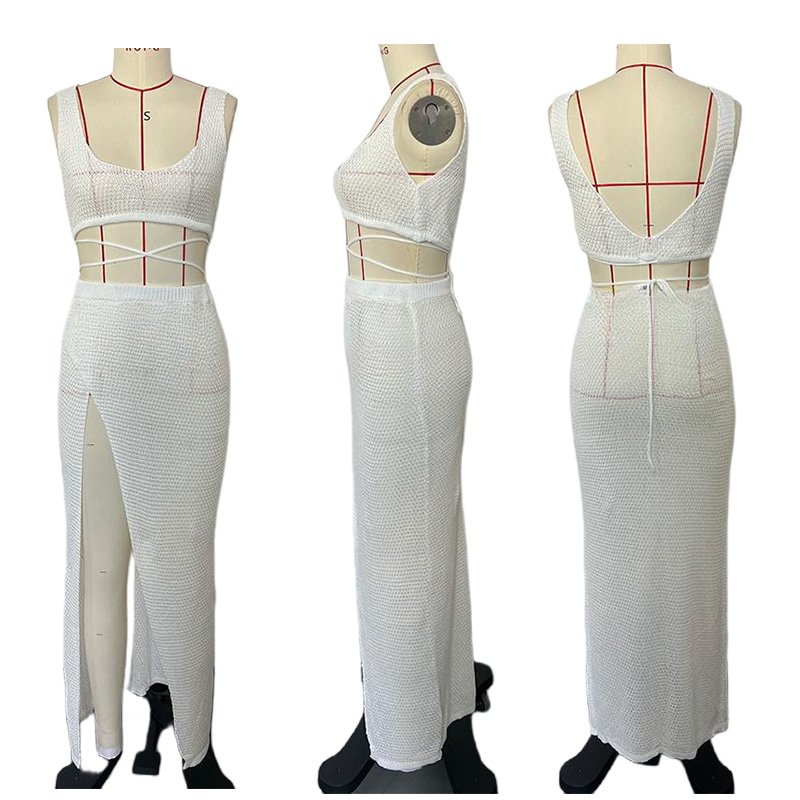 Sexy Club Women Outwear Knitwear 2 Piece Set Solid Color Crop Camisole Slit Hem Skirts Beach Cover up Knitted Sweater Sets