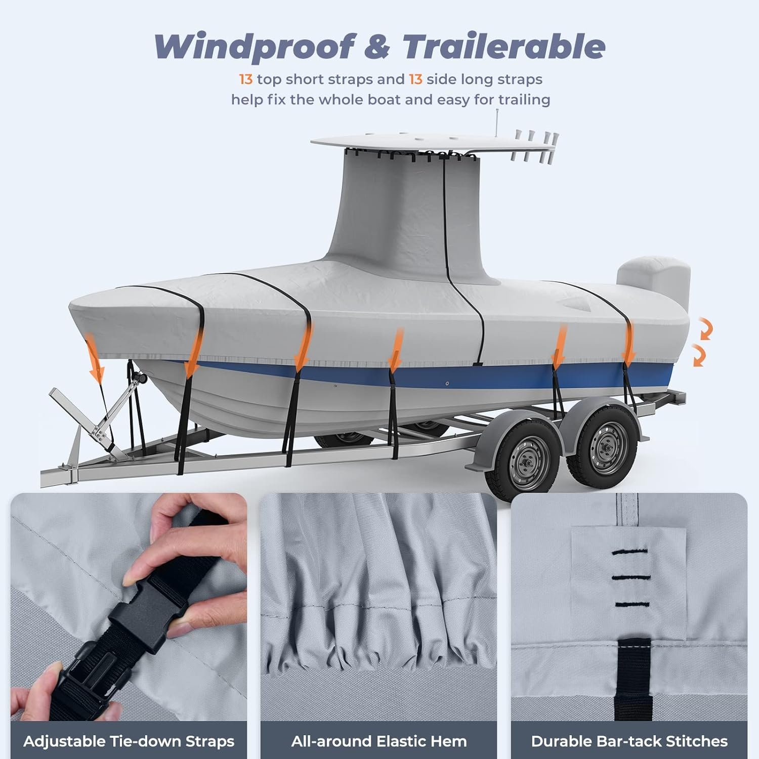 Heavy Duty 800D T - Top Boat Cover for Long Center Console Boat With T Top Roof 100% Waterproof Trailerable T TOP Boat Cover