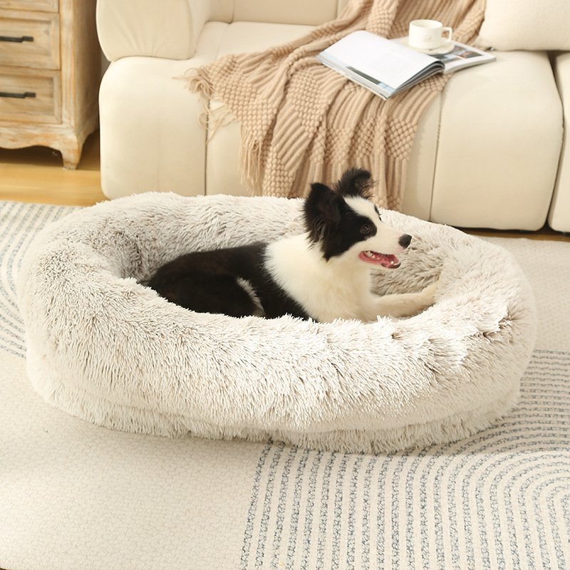 Hot Sell Long Fleece Waterproof Lining Removable Fluffy Cover Memory Foam Plush Dog Bed With Anti-slip Bottom for Dog and Cat