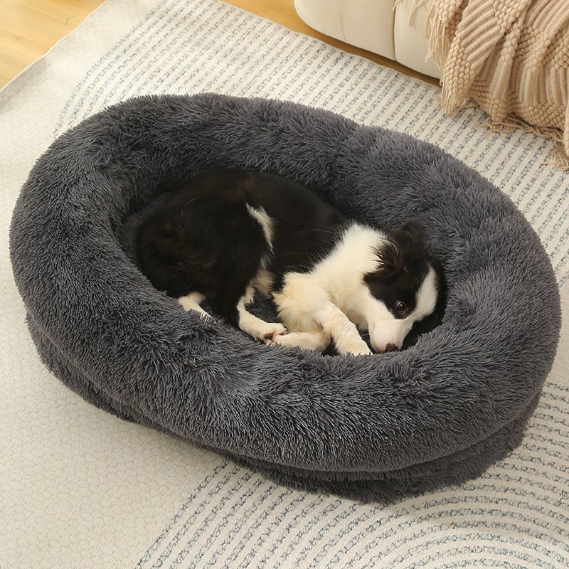 Hot Sell Long Fleece Waterproof Lining Removable Fluffy Cover Memory Foam Plush Dog Bed With Anti-slip Bottom for Dog and Cat