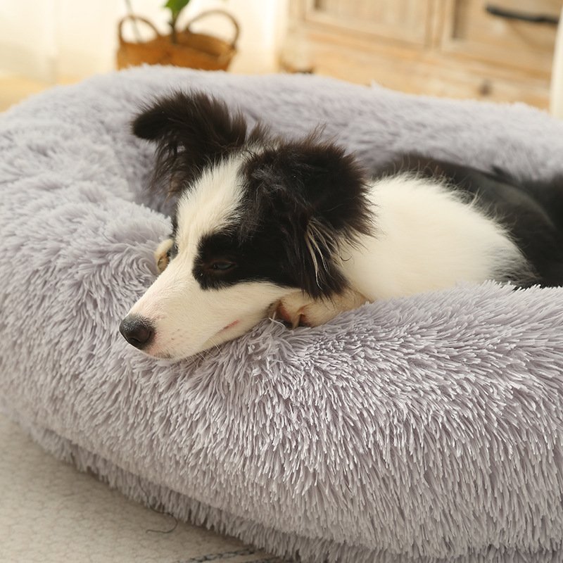 Hot Sell Long Fleece Waterproof Lining Removable Fluffy Cover Memory Foam Plush Dog Bed With Anti-slip Bottom for Dog and Cat