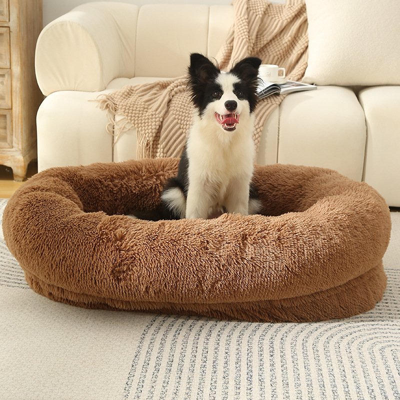 Hot Sell Long Fleece Waterproof Lining Removable Fluffy Cover Memory Foam Plush Dog Bed With Anti-slip Bottom for Dog and Cat