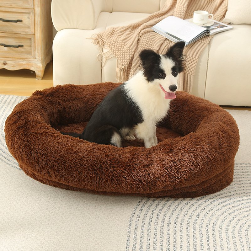 Hot Sell Long Fleece Waterproof Lining Removable Fluffy Cover Memory Foam Plush Dog Bed With Anti-slip Bottom for Dog and Cat