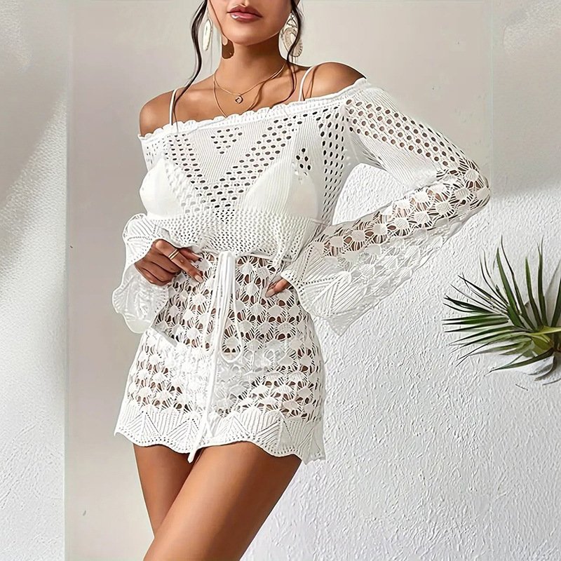 Hot Sale Hollow Out Long Sleeve Sexy Women Lace Crochet Mini Dress Mesh Knit Cover up Dress