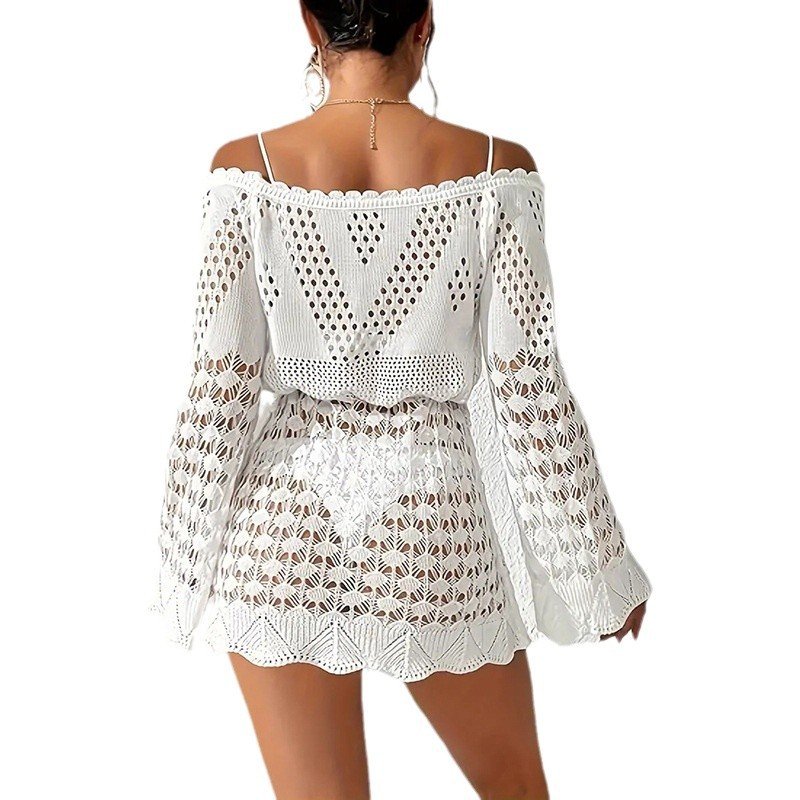 Hot Sale Hollow Out Long Sleeve Sexy Women Lace Crochet Mini Dress Mesh Knit Cover up Dress